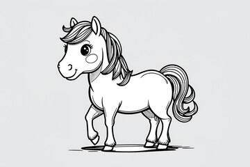 Clean and precise line drawing, simple, friendly horse in white background 