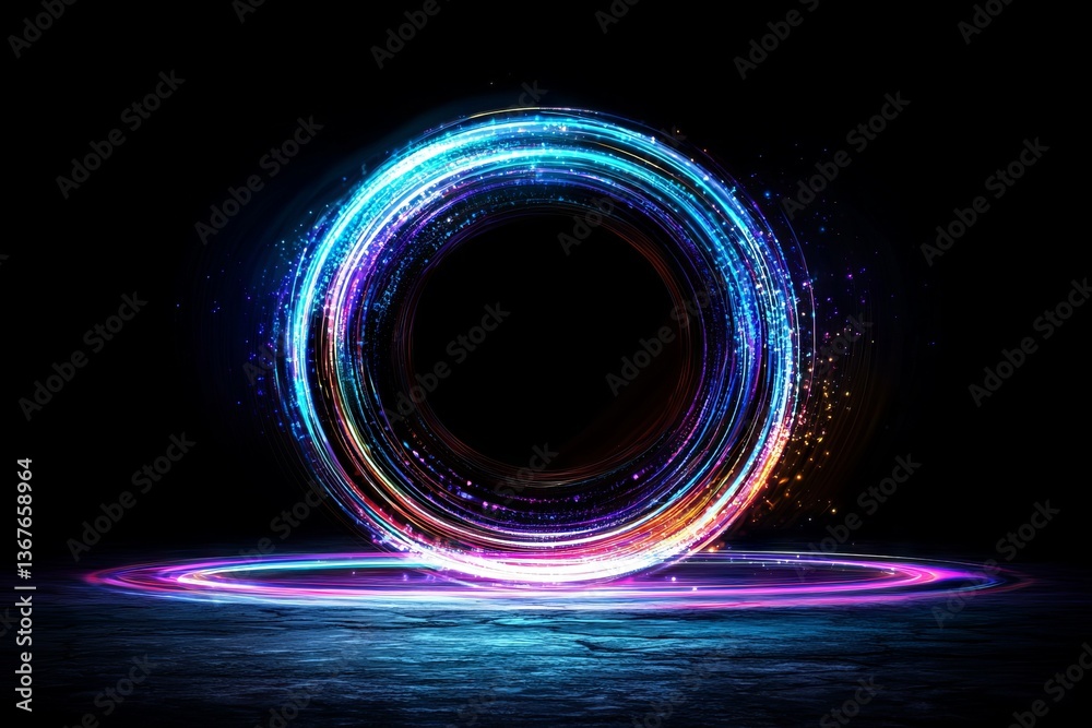 Poster a dark blue background features abstract digital neon waves that form a circular pattern, exemplifyi