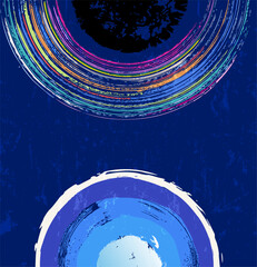 abstract background illustration, with circles, semicircles, paint strokes and splashes, design template, on blue