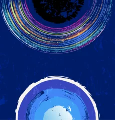 Gordijnen abstract background illustration, with circles, semicircles, paint strokes and splashes, design template, on blue © Kirsten Hinte