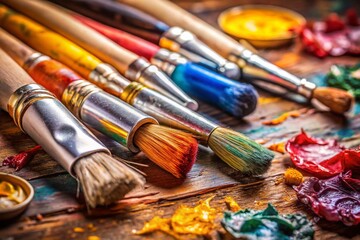 Obraz premium High-Detail Close-up of Artist's Oil Paint Tubes and Brushes