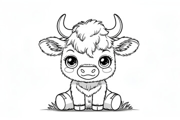 Clean and precise line drawing, simple,  cow sitting in white background 