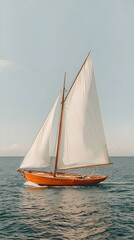 Fototapeta premium Classic wooden sailboat gliding on calm sea under a clear sky. Image depicts serenity, adventure, and nautical themes.