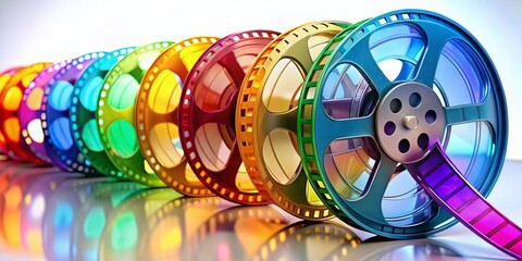 High-quality animation clips, cartoon film reels, colorful movie strips, vibrant animation production, studio film reel