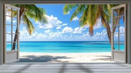 Escape to Paradise: A Tropical Beach View Through Open Doors