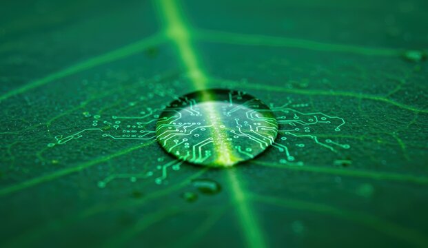 Water droplet on green leaf with circuit board patterns symbolizing technology and nature synthesis.
