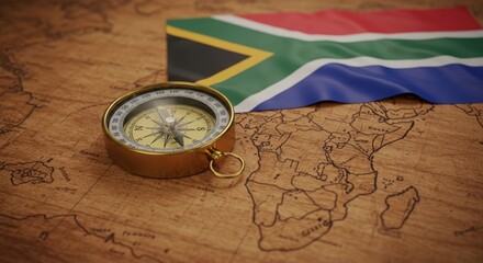 Exploring Africa: A Compass and South African Flag On an Ancient Map Capturing Adventure
