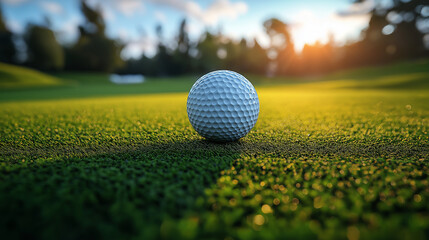 Close-Up of Golf Equipment on Grass in a Scenic Golf Course, golf clubs, golf ball, golf course, green grass, morning sunshine, golf equipment, outdoor sports, professional golf, golf game, sports gea