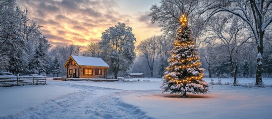 Snowy Christmas Scene with Cozy Cabin