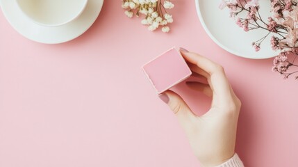 Obraz premium Delicate hand holds pink chocolate cube, surrounded by pastel de