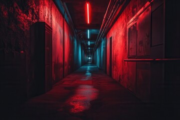 Fototapeta premium Dark cyberpunk street with neon lights casting a glow on a gloomy alley