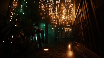 Enchanting hallway adorned with shimmering lights, featuring lush greenery and inviting ambiance