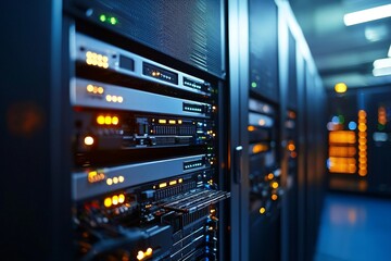 In a sleek, well-lit data center, several rows of sophisticated server racks stand out, their surfaces punctuated by flashing lights and entangled with network cables, while cooling ducts circulate