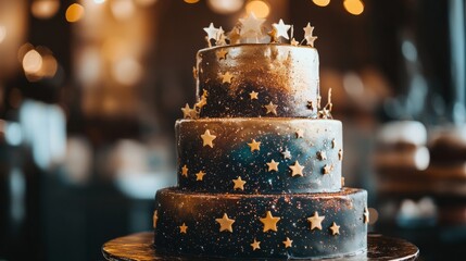 A tiered galaxy-inspired wedding cake with shimmering stars and nebula patterns