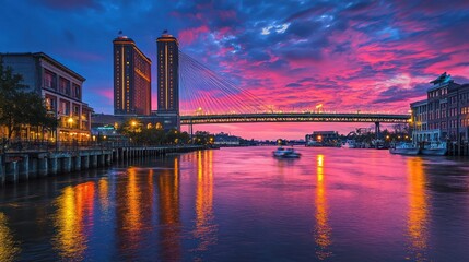 Savannah Riverfront Sunset: Vibrant Colors and Cityscape