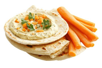 Delicious homemade flatbread served with creamy hummus and vibrant carrot sticks for a healthy snack isolated on transparent background