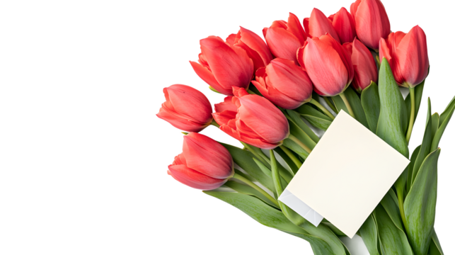 A bouquet of red tulips with a white card that says I love you 