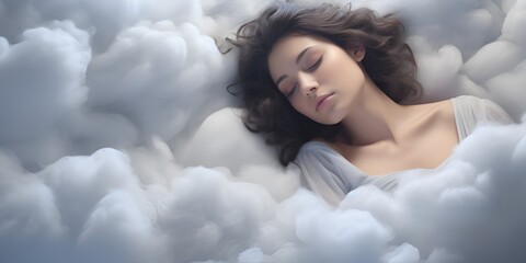 A woman sleeping on clouds, in white and grey colors, high-resolution photography. - bokeh background