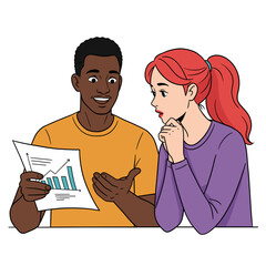Obraz premium Engaged young couple discussing graphs and data at a desk 