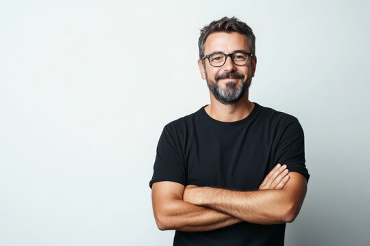 Smiling Man with Folded Arms Against White Background