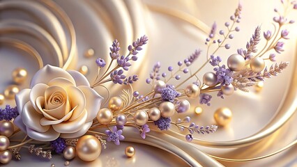 Majestic 3D Floral Design, Pearlescent Petals, Lavish Gold Details, Deep Teal Hues, Ornamental Luxury, Rich Baroque Patterns, High-Contrast Beauty