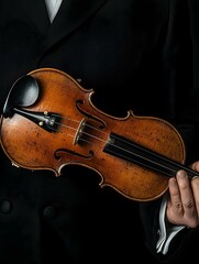 Close-up of a musician's hand holding a vintage violin against a dark background.  The image evokes a sense of elegance and musical expertise.