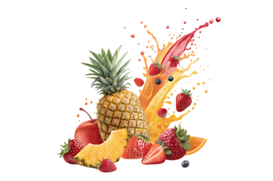 Realistic fruity juice splash burst composition with spray images and ripe tropical fruits on blank isolated transparent background png