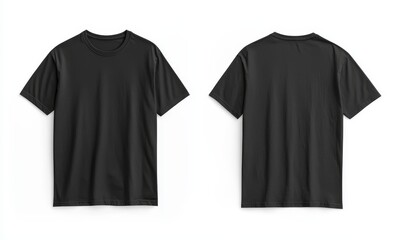 A black T-shirt template with a white background is featured on both the front and back sides