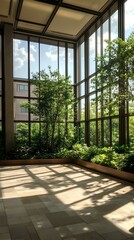 Sunlit indoor garden with large windows, showcasing lush greenery and modern architecture. Tranquil atmosphere.