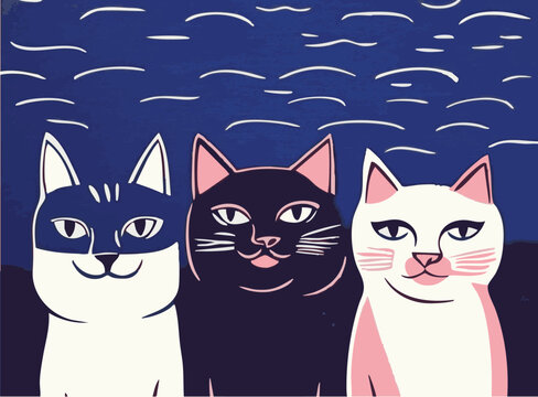 lino cut, cats, blue cute three cats portrait kitty kat vintage retro content happy tranquil peaceful blue sky pink and blue and whitePrint