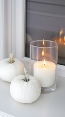 Autumn Cozy Still Life,  White Pumpkins and Burning Candle