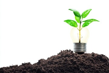 A bright idea sprouts as a green plant grows from a light bulb in rich brown soil isolated on transparent background