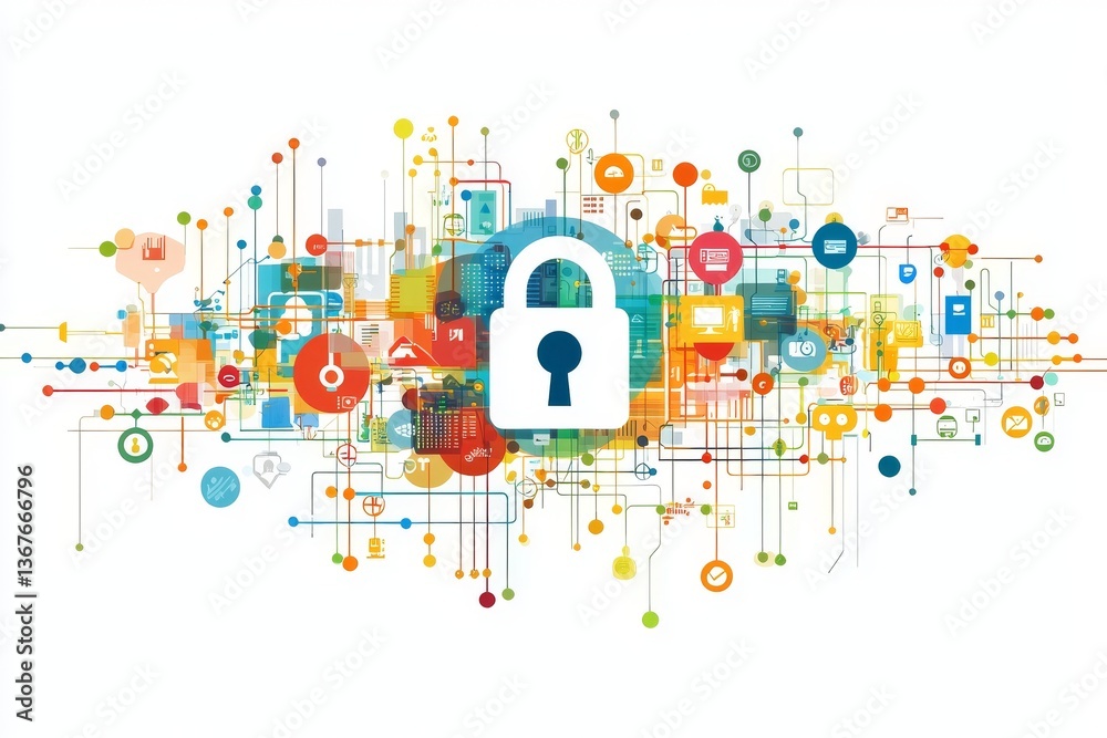 Fototapete a 3d illustration of an open digital lock icon accompanied by coding text set against a white backdr