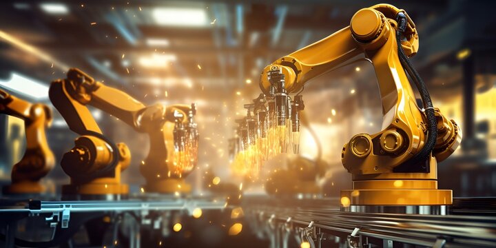 A yellow robotic arm in an industrial factory is operating on the production line, holding glowingd