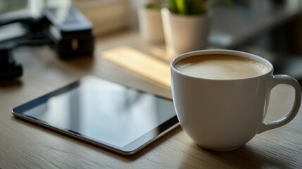 Warm cup of coffee beside a tablet on a wooden table in a cozy indoor setting during the morning