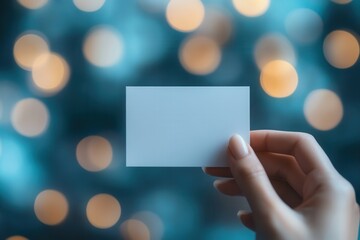 Obraz premium Female hand showcasing a blank white business card with a blurred blue bokeh background, perfect for branding