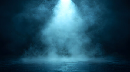 Illuminated Stage: A spotlight pierces through a dense fog, creating a dramatic and ethereal atmosphere. the powerful light cuts through the darkness, illuminating the space below.