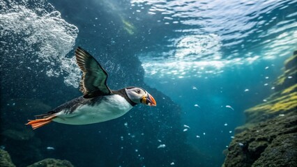 Fototapeta premium Puffin swimming underwater in sunlit sea