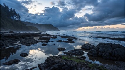 Obraz premium Rocky coastline at dusk with dramatic sky