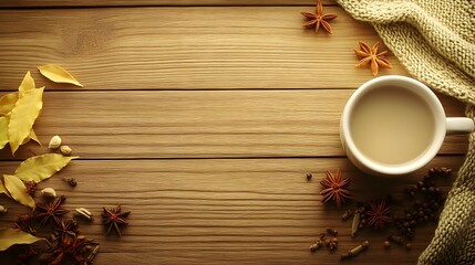 Autumn Cozy Scene,  Warm Drink Spices Leaves Wooden Background