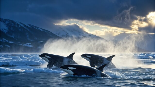 Group of orcas swimming in icy Arctic waters - Powered by Adobe