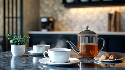 Fototapeta premium Warm tea brewing in a cozy kitchen with fresh cookies and gentle steam rising from the cups