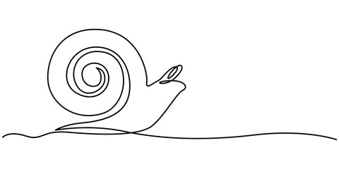 one line drawing of isolated vector object - snail, Continuous one line drawing common garden snail crawling. Snail animal mascot for food logo identity. High nutritious escargot healthy food concept. © Line emotion