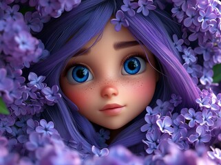 In surreal abstract whimsical fantasy artwork, a beautiful purple eyed girl is enveloped by fluffy material that is lavender in color