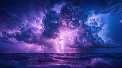 Fototapeta premium Dynamic Thunderstorm Over Ocean: Dramatic spectacle of a powerful thunderstorm unleashing its fury over a vast ocean.