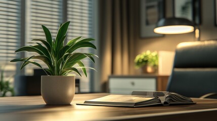Fototapeta premium Cozy workspace with green plant, open book, and warm lighting in a home office setting during the evening hours