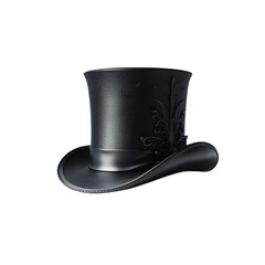 A dramatic close up of a dark top hat with intricate design details against a transparent background space
