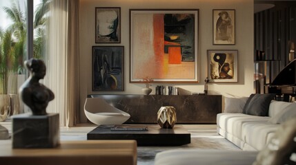 Fototapeta premium Modern living room design featuring contemporary art and elegant furnishings in a bright, open space with lush greenery outside