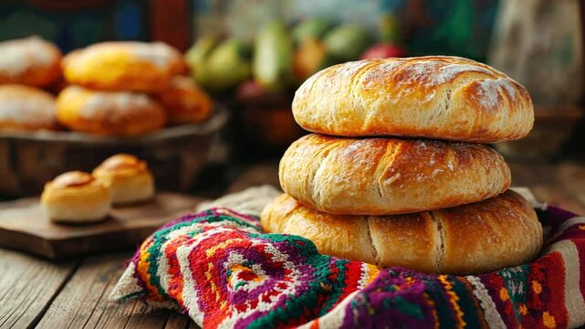 Golden loaves of bread on a colorful woven cloth