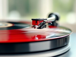Close Up of Vintage Red Vinyl Record on Turntable with Stylus in Sunlight
